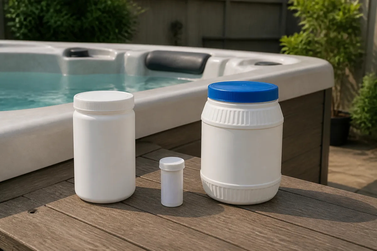 Separate closed sanitizer containers beside a hot tub water test kit