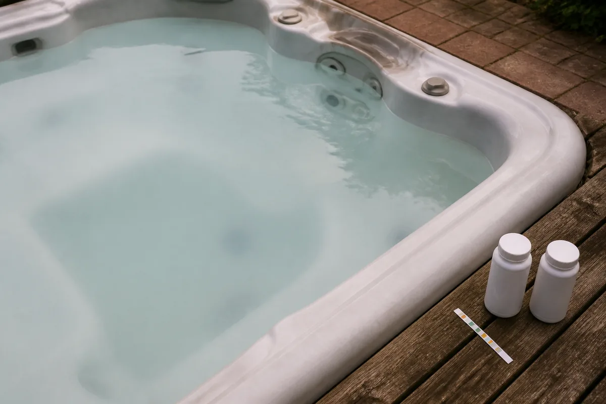 Cloudy hot tub water with test strips and closed chemical containers nearby