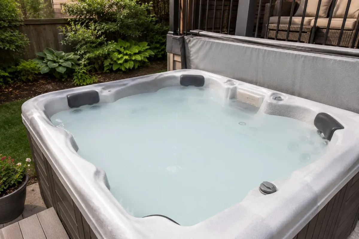 Residential hot tub filled with cloudy water