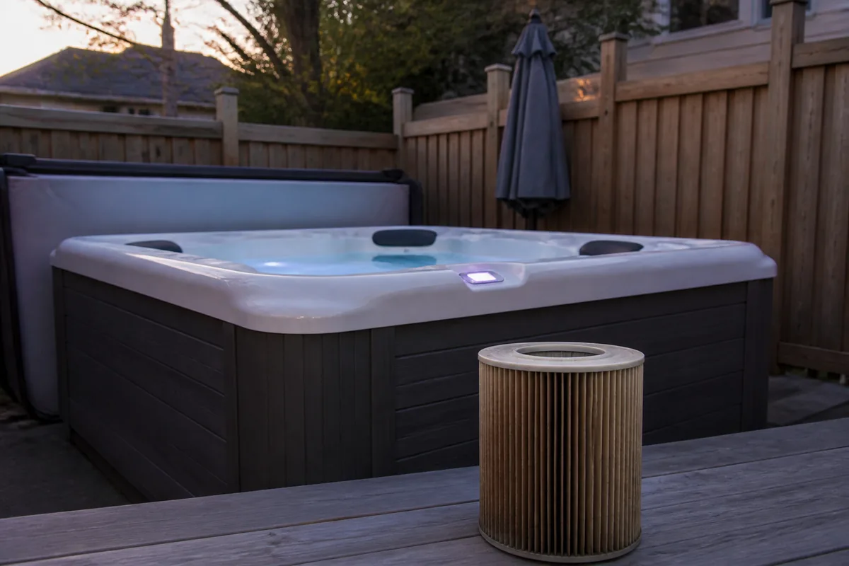 Dirty pleated hot tub filter beside an illuminated residential spa control panel