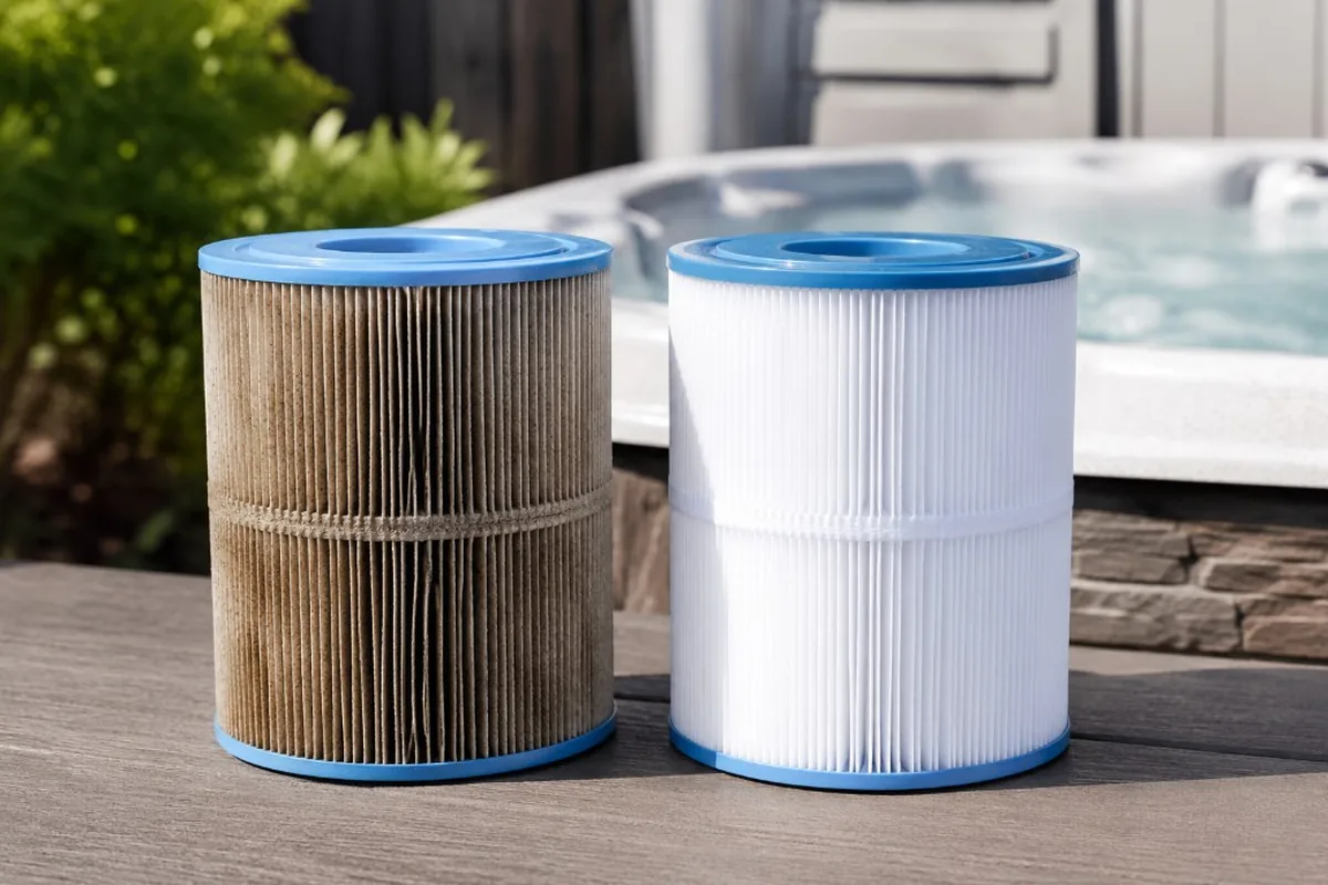 Dirty and clean pleated hot tub filters shown side by side
