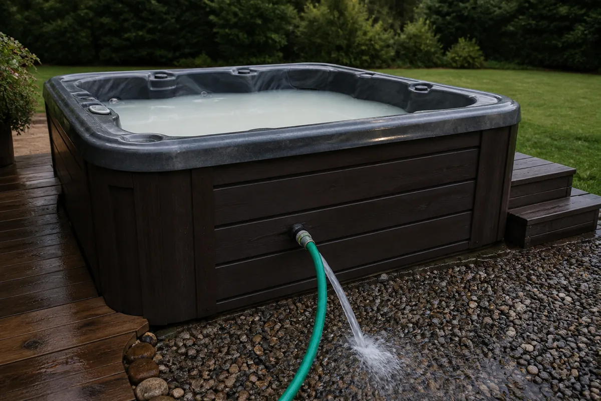 Cloudy residential hot tub being drained through a hose