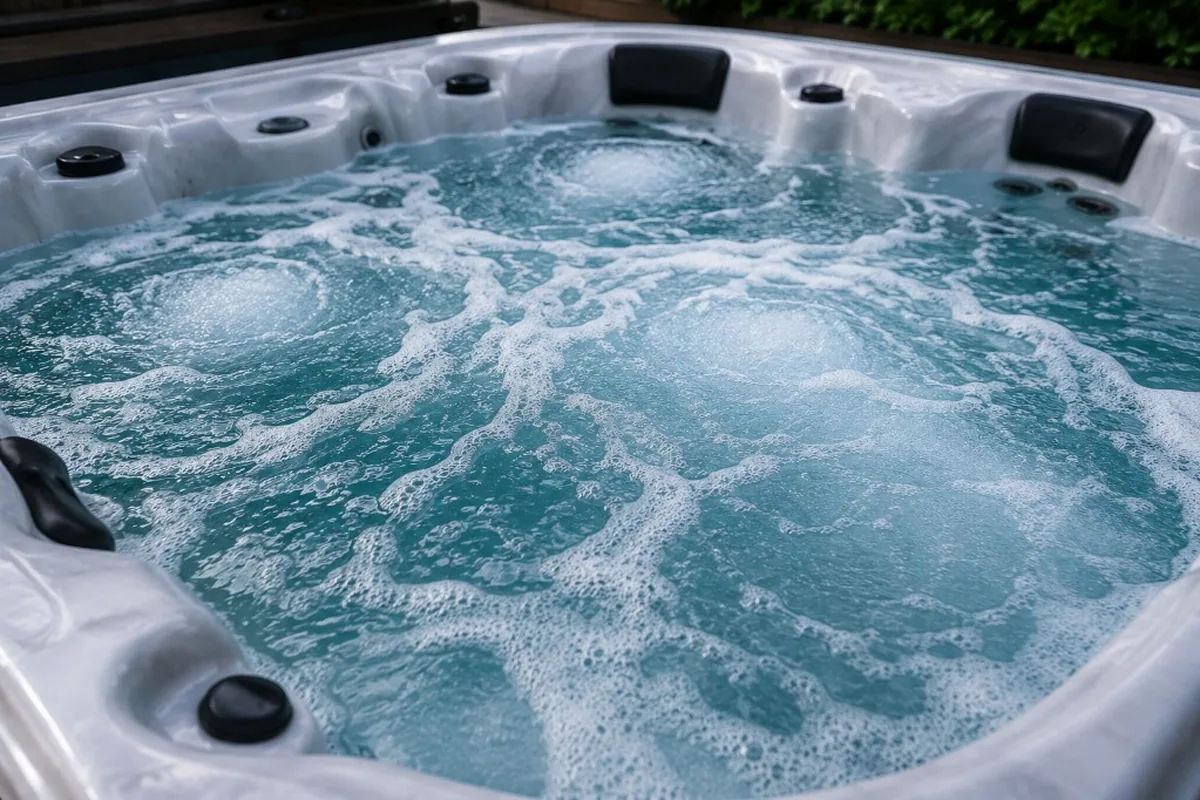 Residential hot tub with persistent foam across the water surface