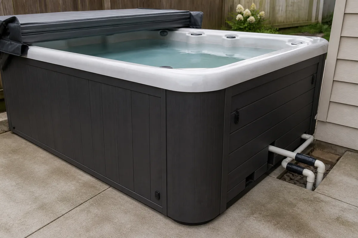 Hot tub showing limited water flow with the equipment cabinet closed