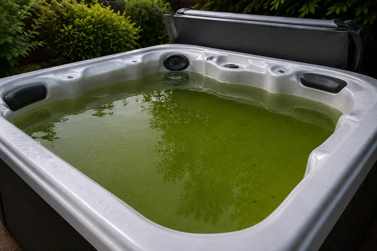 Residential hot tub filled with green-tinted water