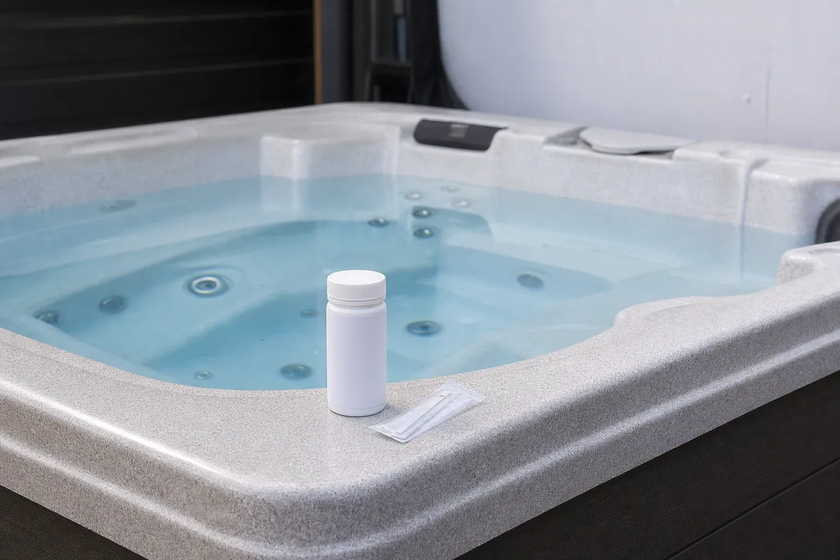 Unlabeled test strips and closed bottle on a residential hot tub rim