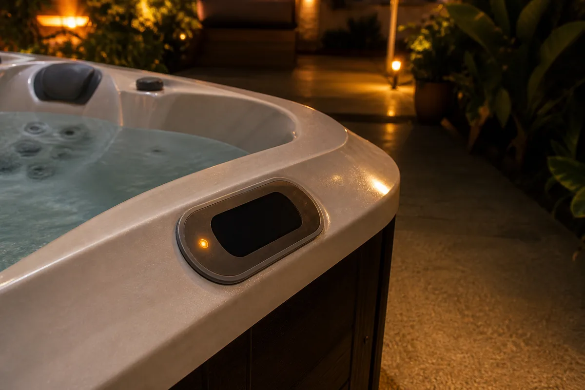 Hot tub topside at night with an amber status light and empty display
