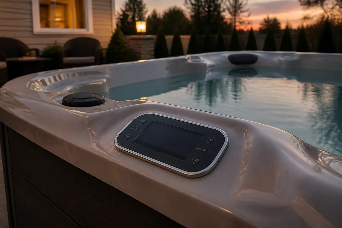 Dark blank topside control panel on a residential hot tub at dusk