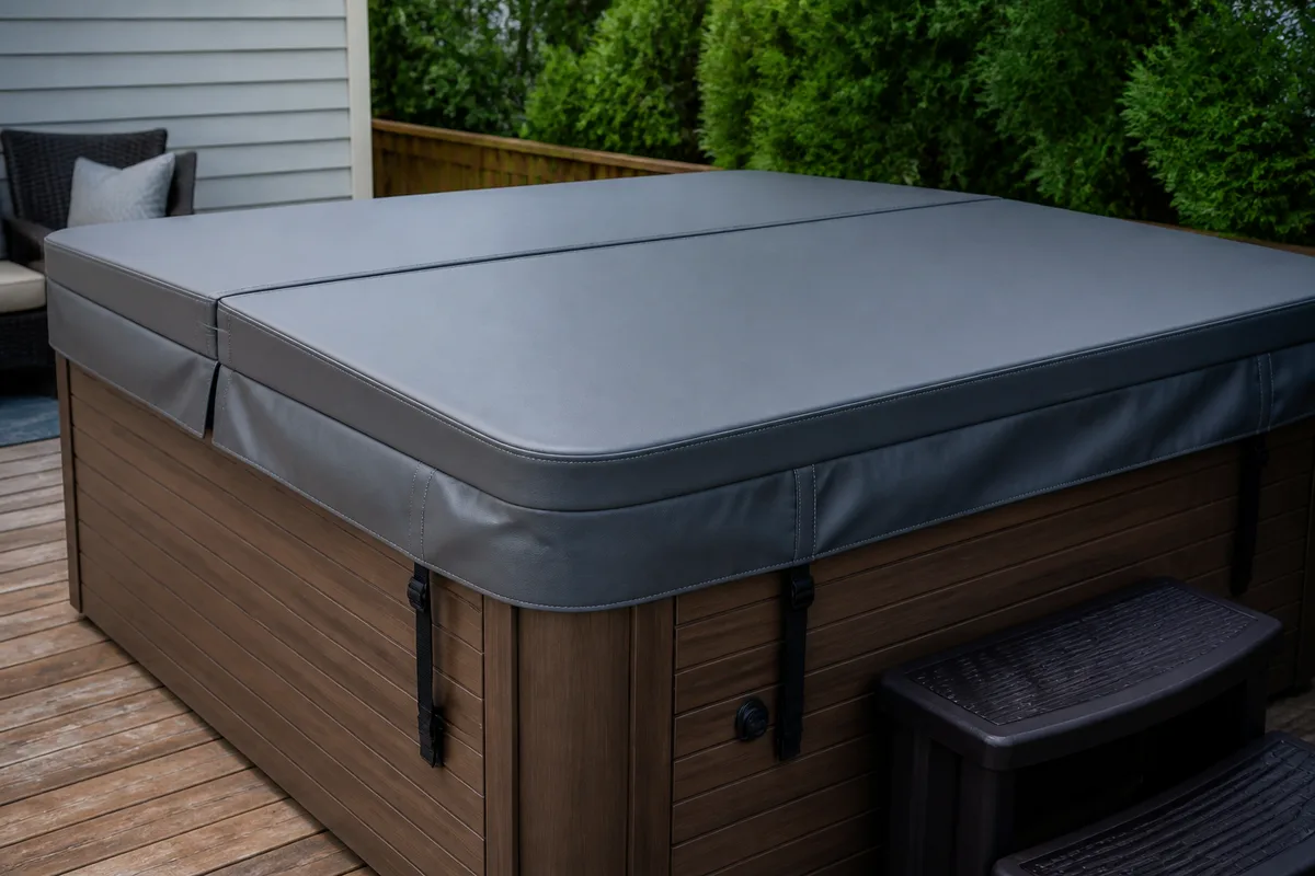 Closed insulated residential hot tub cover with skirt and locking straps