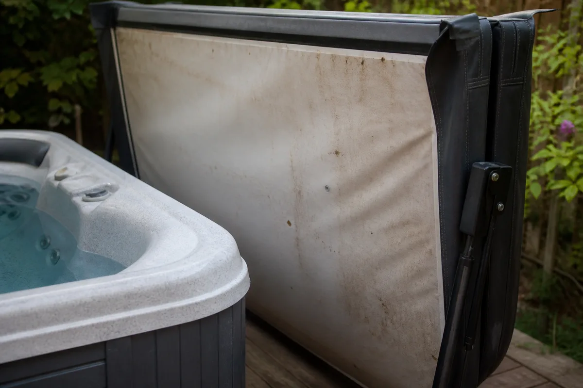 Open residential hot tub cover showing the underside next to spa water
