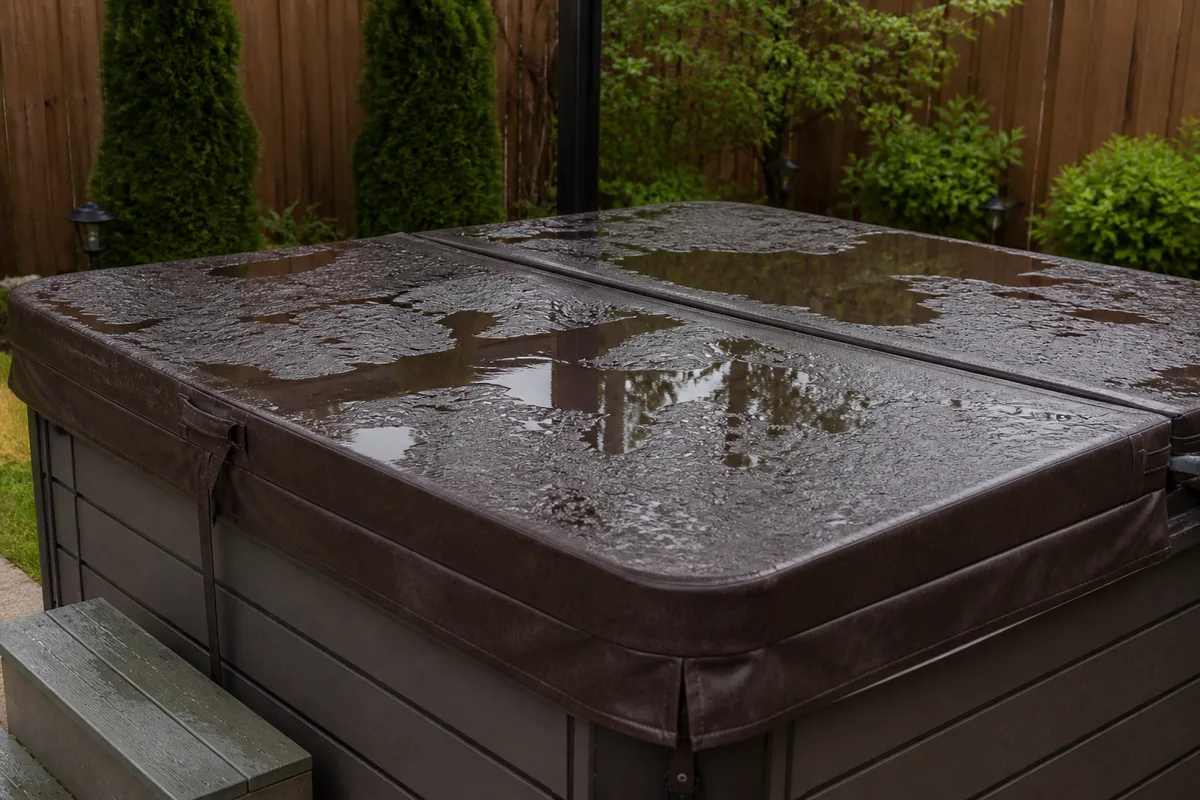 Rainwater puddles pooling on top of a closed residential hot tub cover