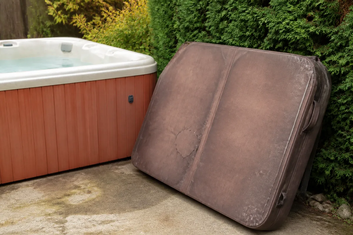 Worn residential hot tub cover standing beside an uncovered spa