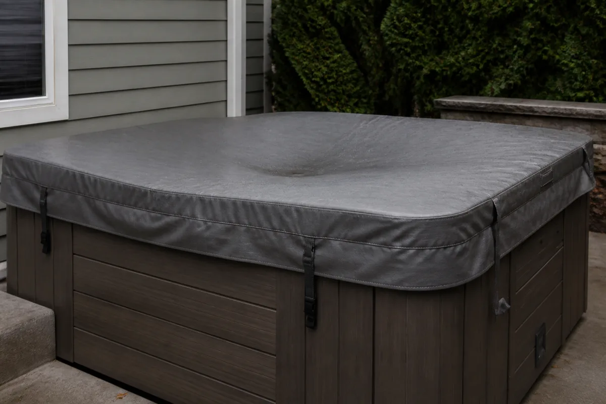Residential hot tub cover sagging in the center on an outdoor spa