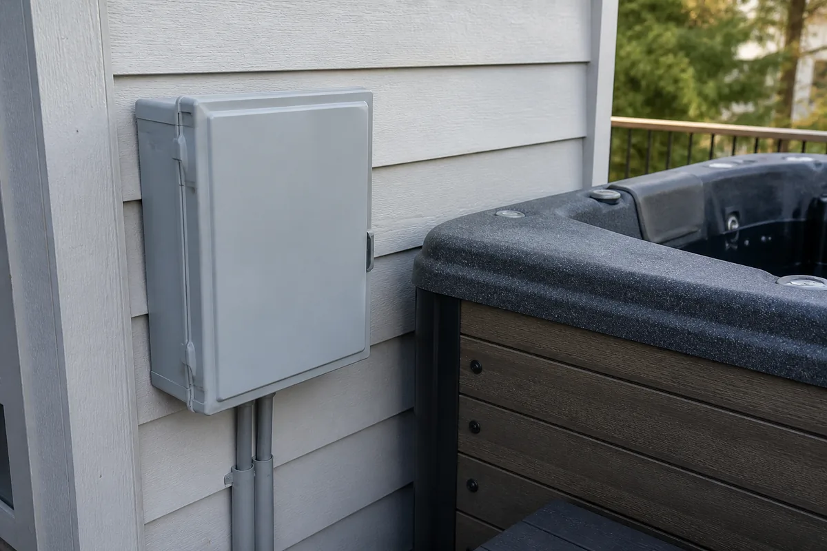 Closed outdoor spa disconnect box mounted beside a residential hot tub