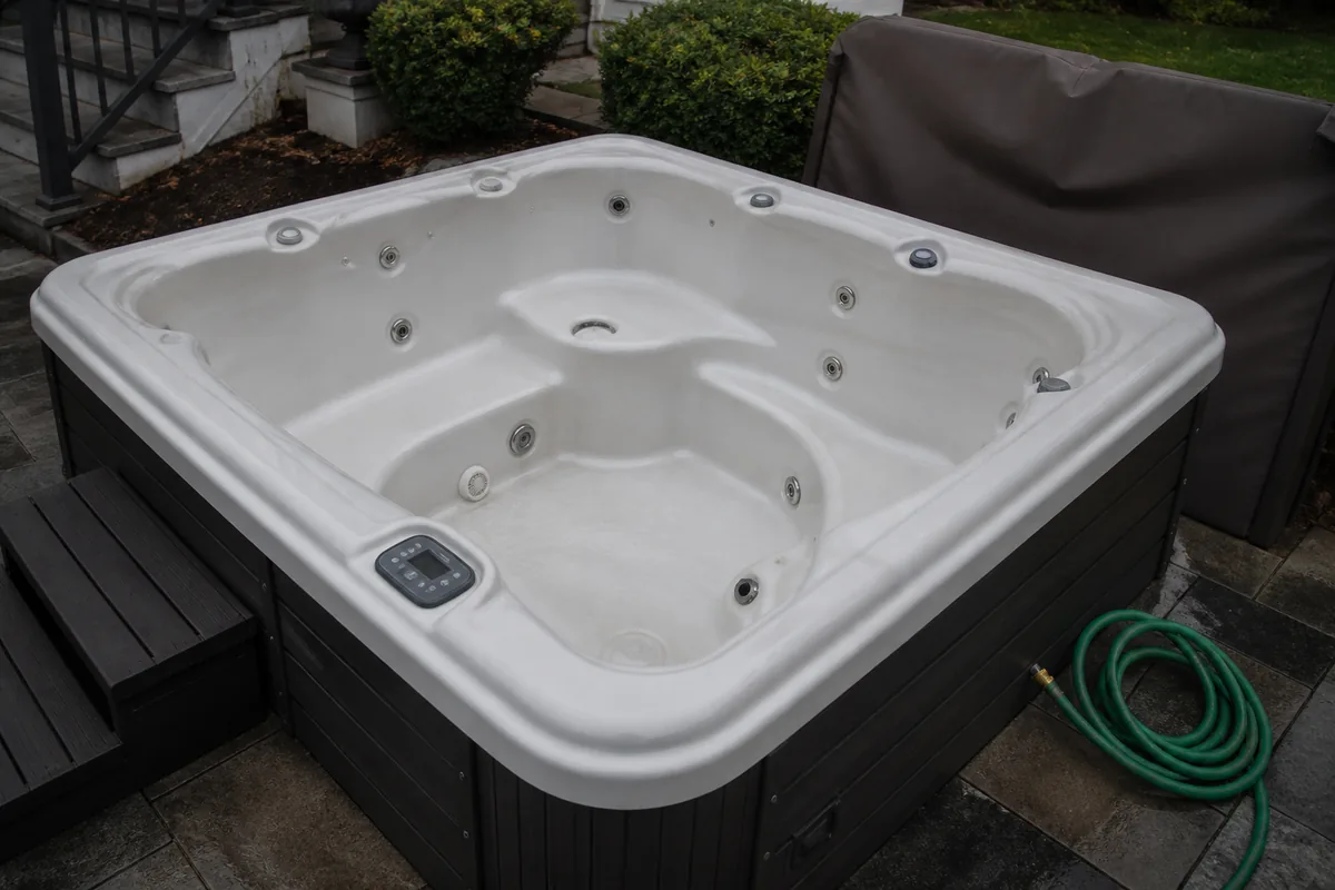 Empty drained residential hot tub with a coiled hose and cover set aside
