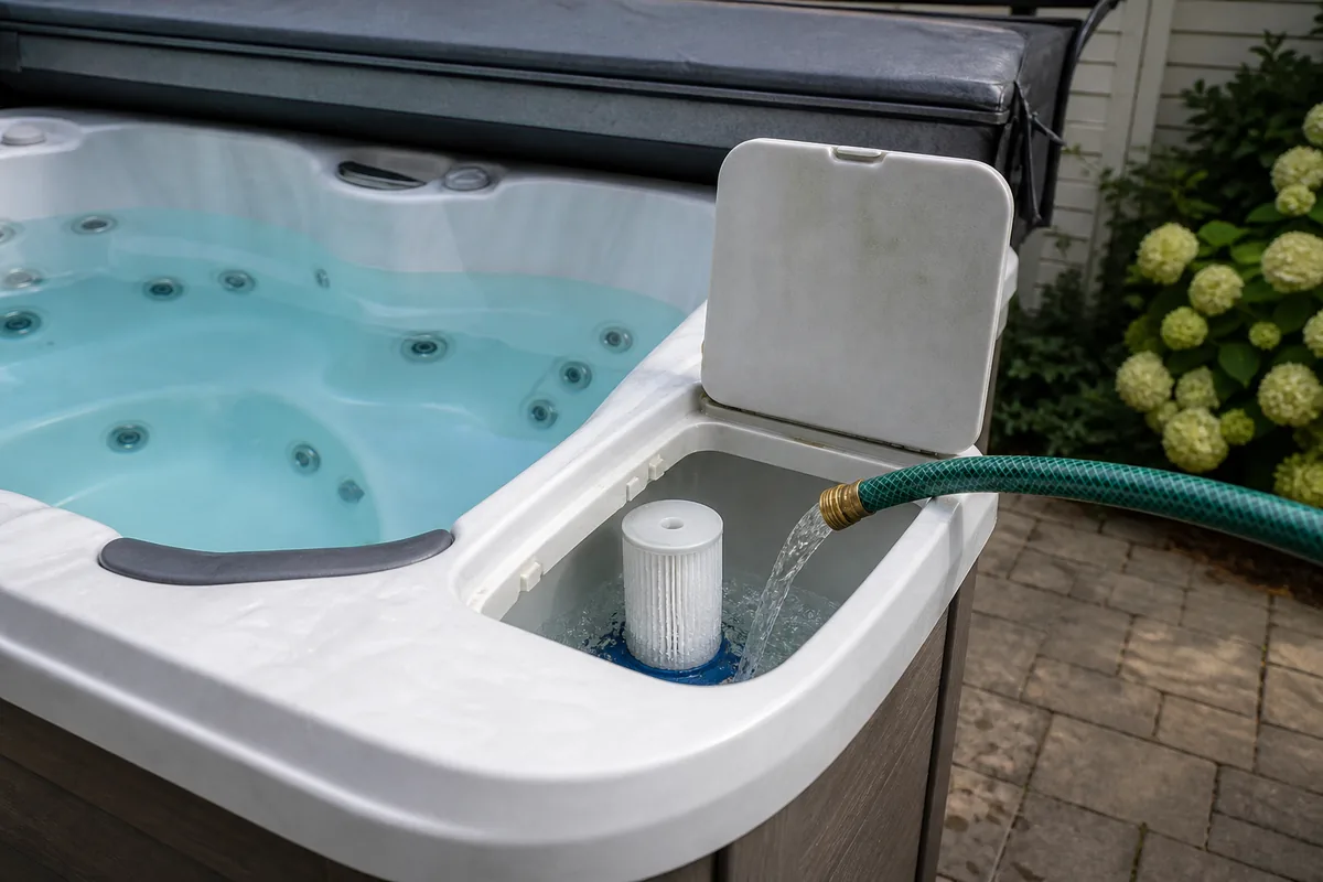 Garden hose filling a residential hot tub through the filter compartment