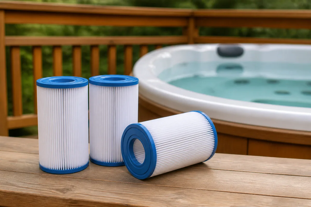 Pleated hot tub filters arranged for routine maintenance