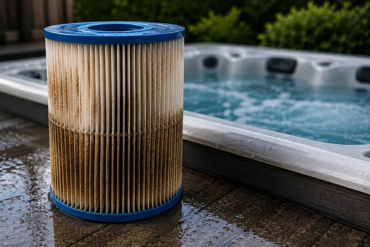 Heavily soiled pleated hot tub filter beside a residential spa
