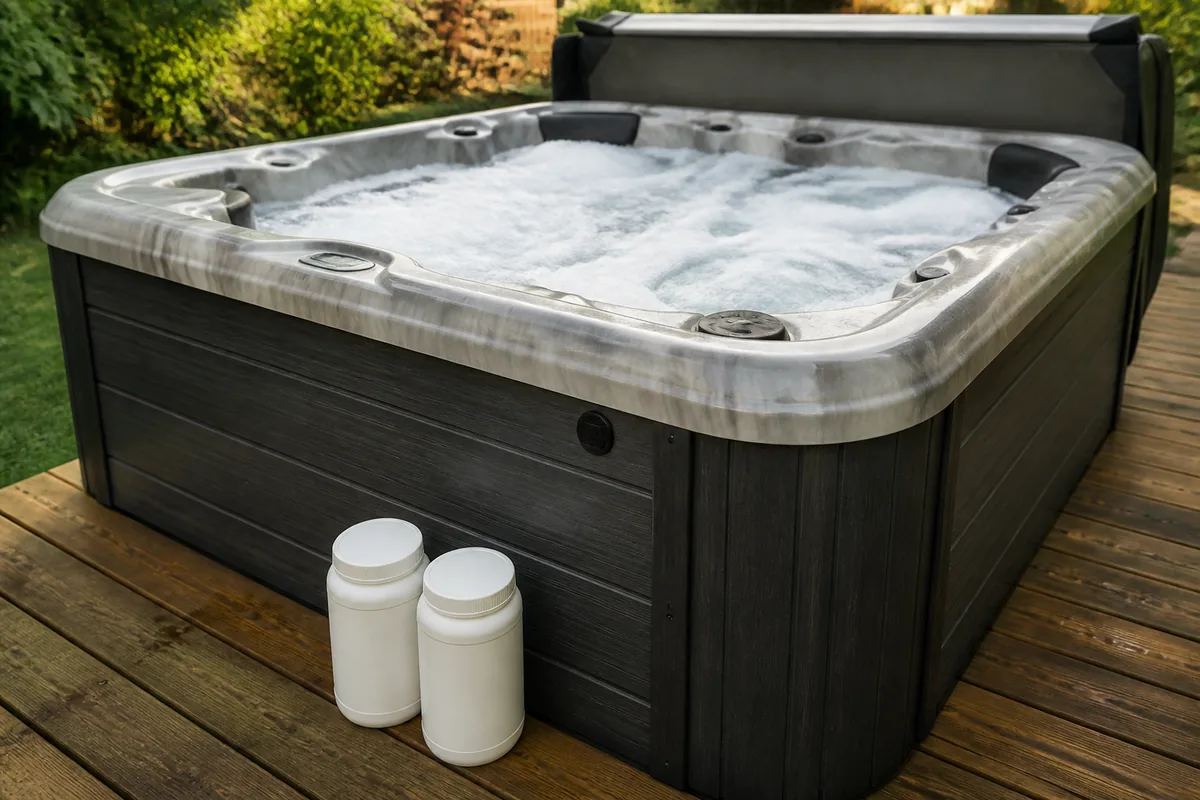 Foamy hot tub water beside closed unlabeled chemical containers