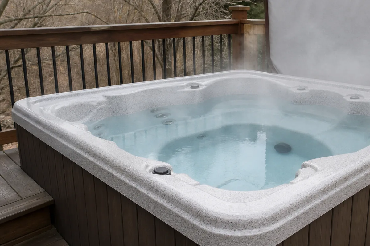 Unoccupied residential hot tub with the cover removed and steam rising from the water