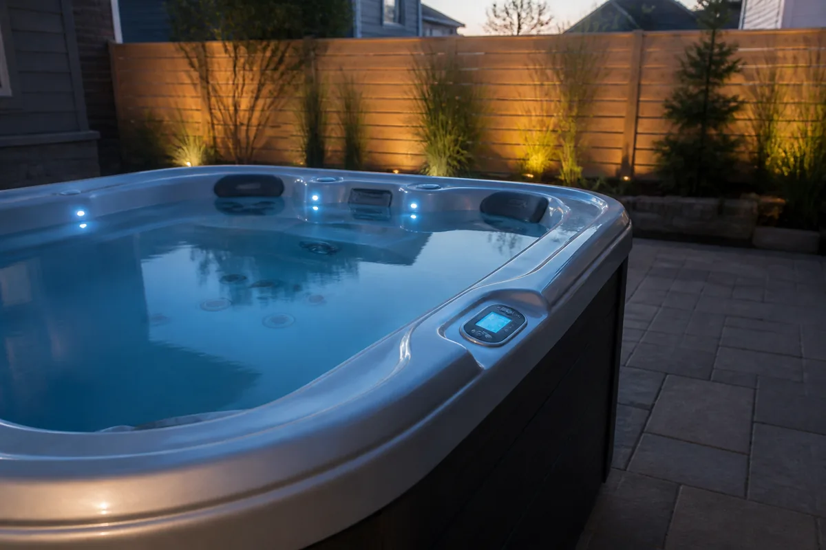 Illuminated residential hot tub controls beside water that is not heating