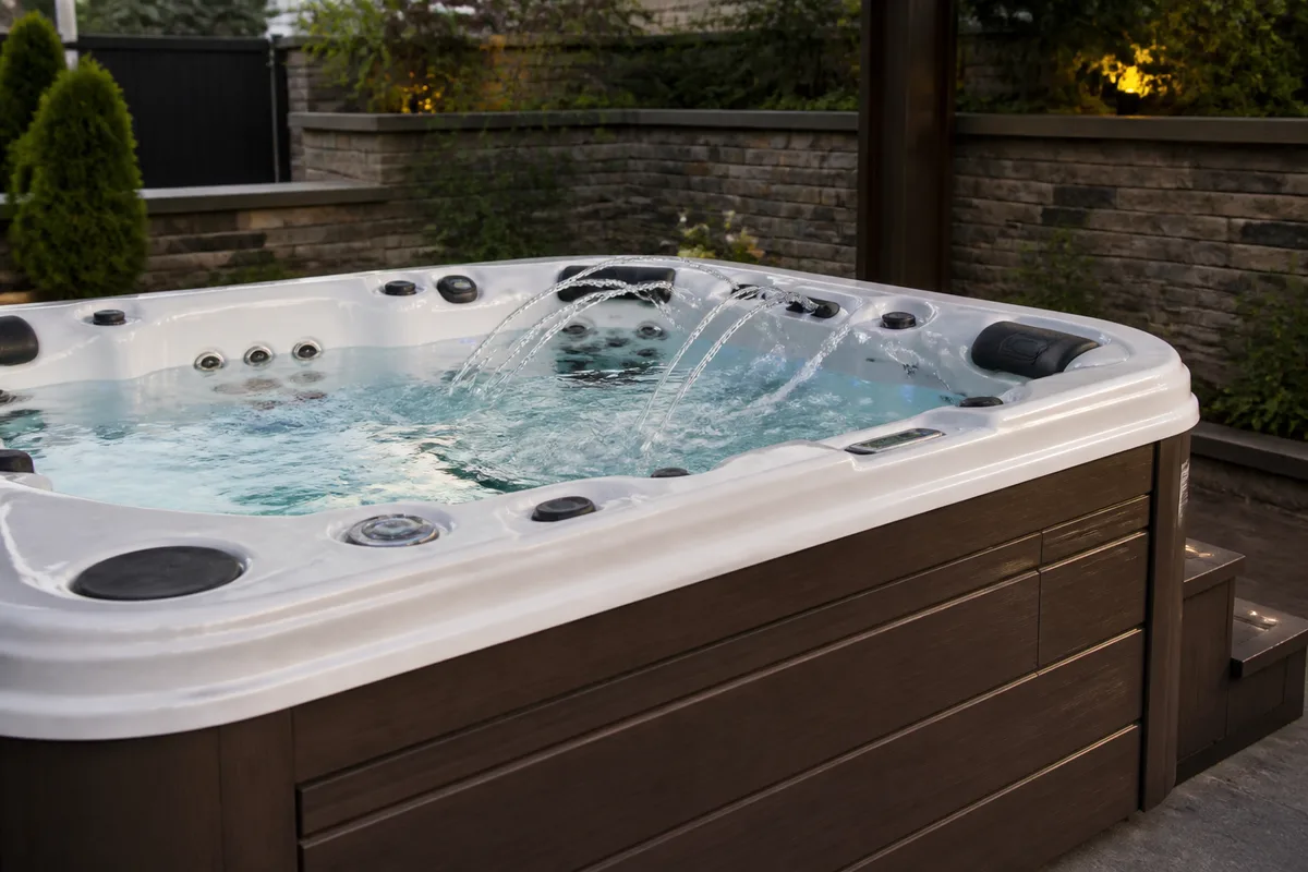 Residential hot tub with jets running and closed cabinet panels
