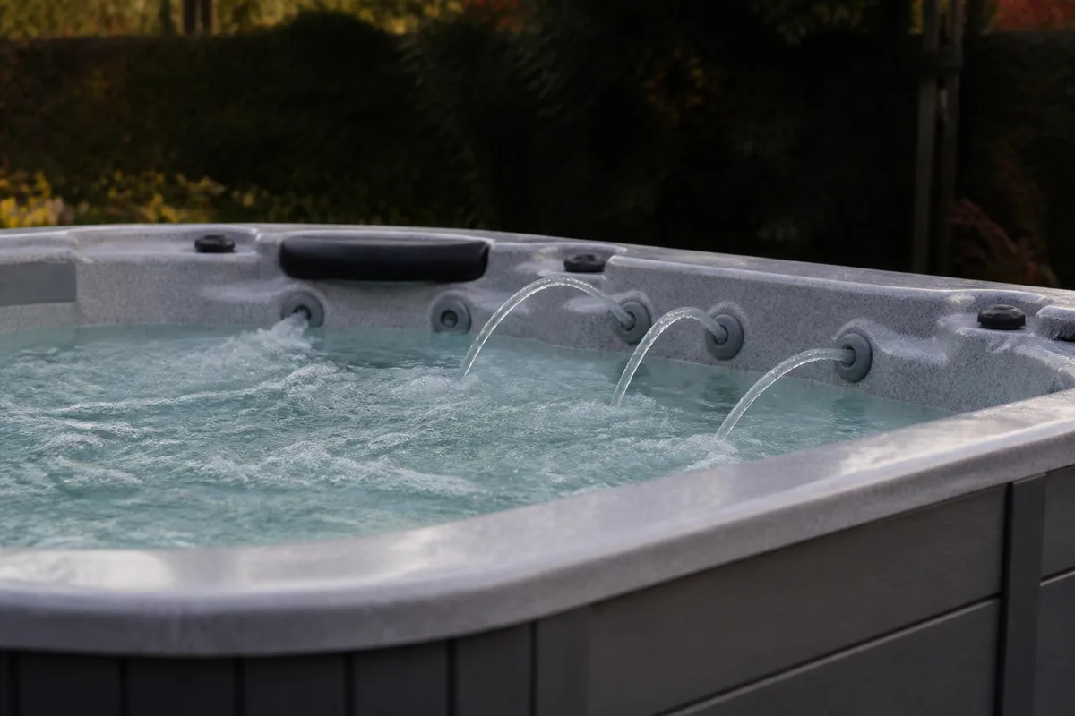Close view of hot tub jets producing uneven water streams