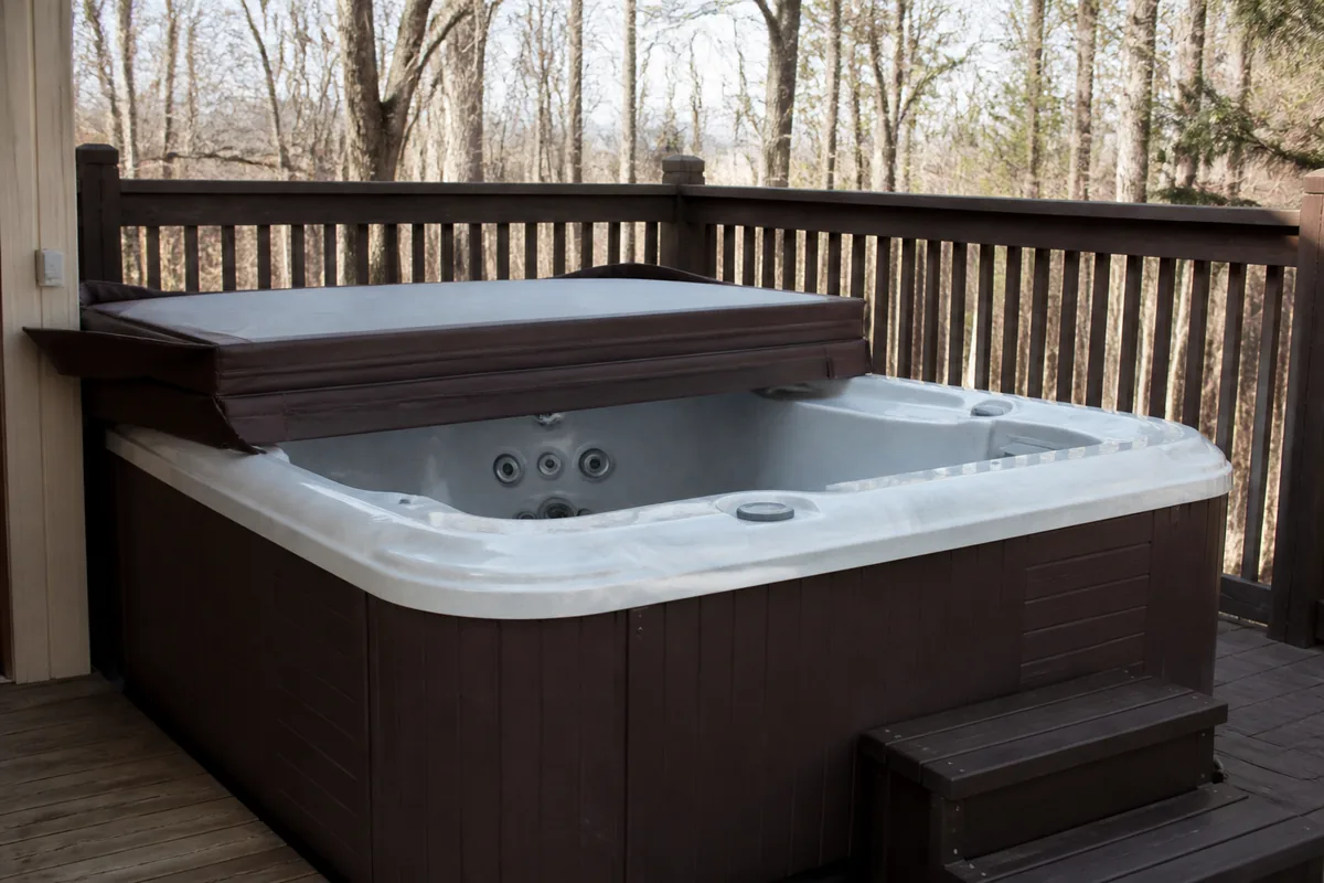 Residential hot tub on a deck with the cover partially folded back