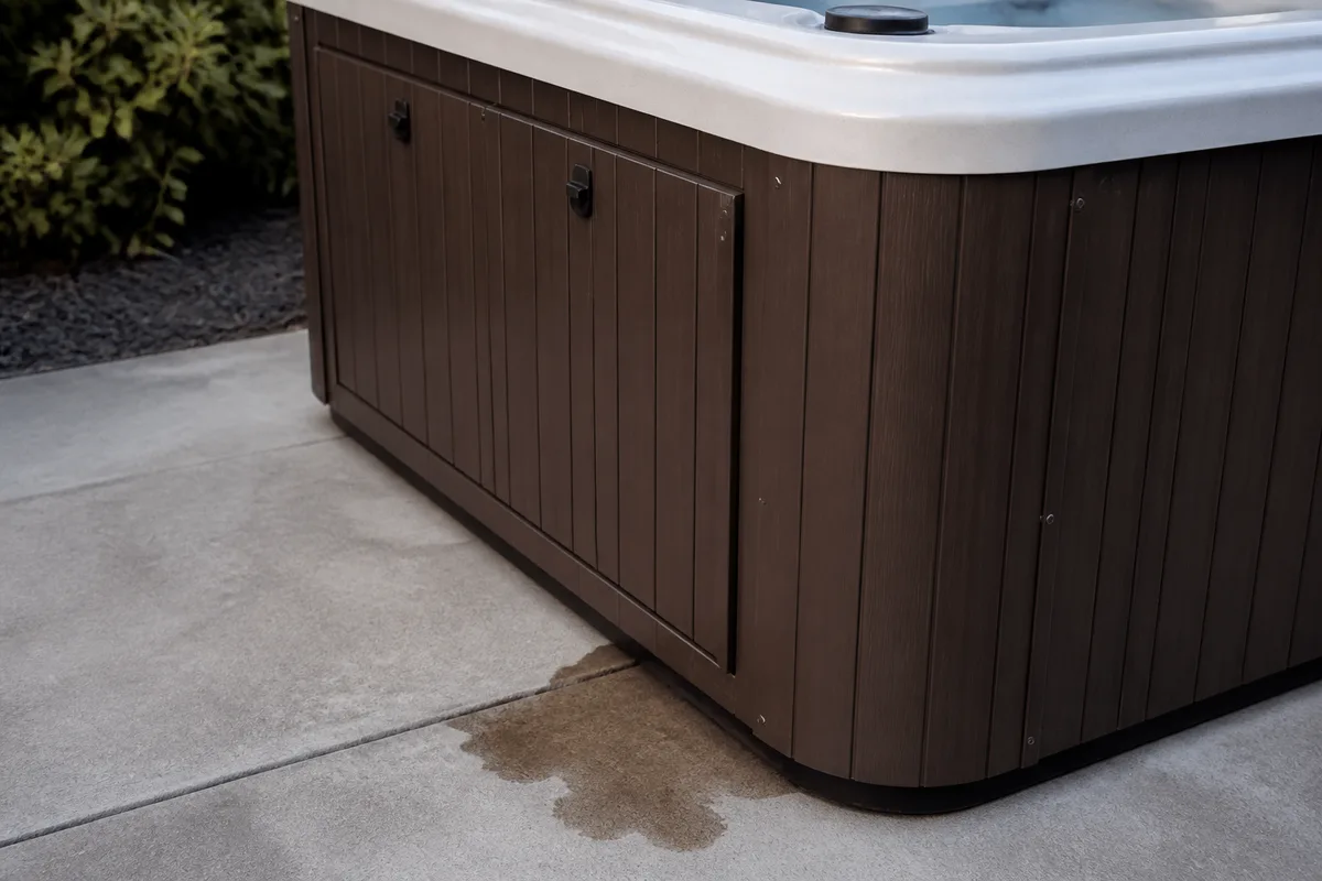 Water pooling under a hot tub cabinet with the equipment panel closed