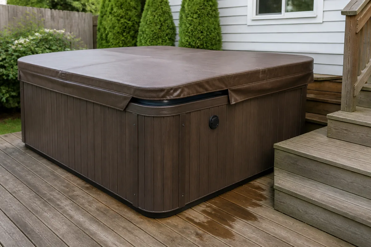 Residential hot tub with a wet spot on the deck near the cabinet