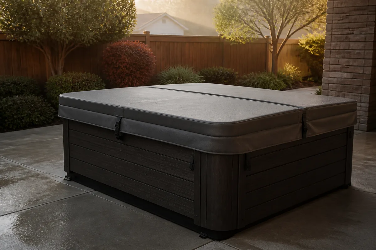 Covered residential hot tub on a patio overnight