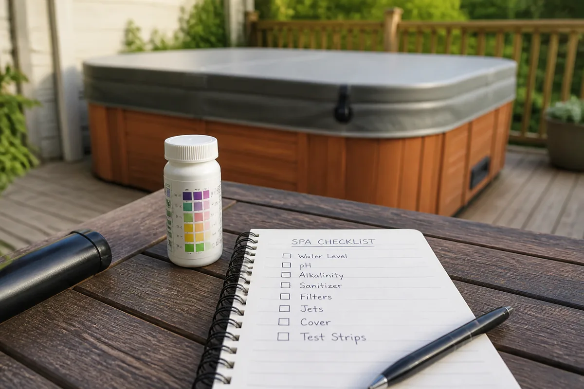 Spa maintenance checklist notebook and closed test-strip bottle beside a covered hot tub