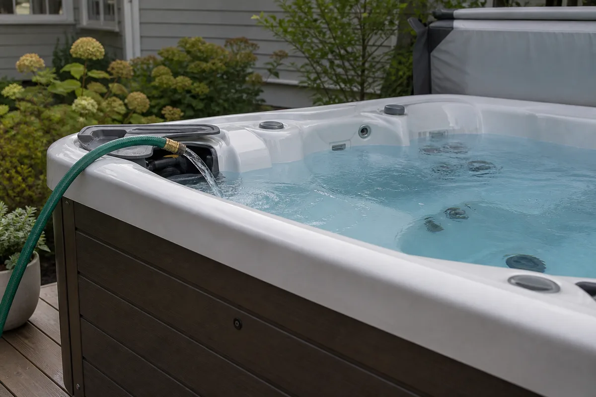 Garden hose filling a residential hot tub through the filter area