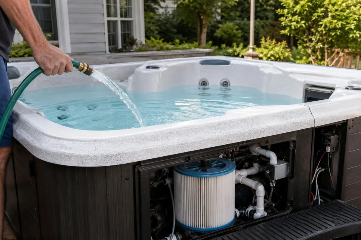 Garden hose filling a residential hot tub after a refill
