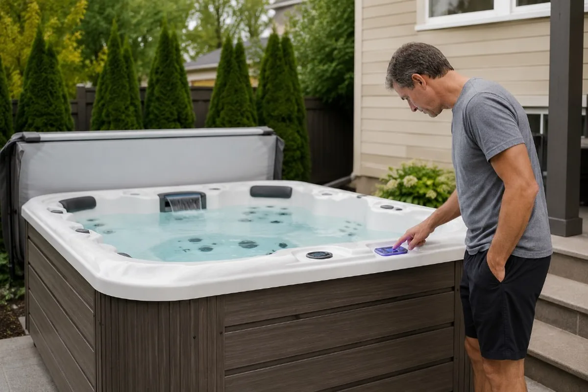 Residential hot tub owner checking the control panel