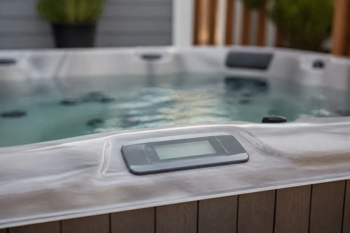 Close view of a residential hot tub rim and blank control panel beside still spa water