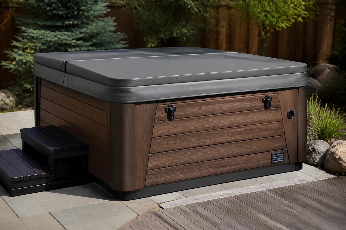 Closed hot tub equipment cabinet where the pump is located