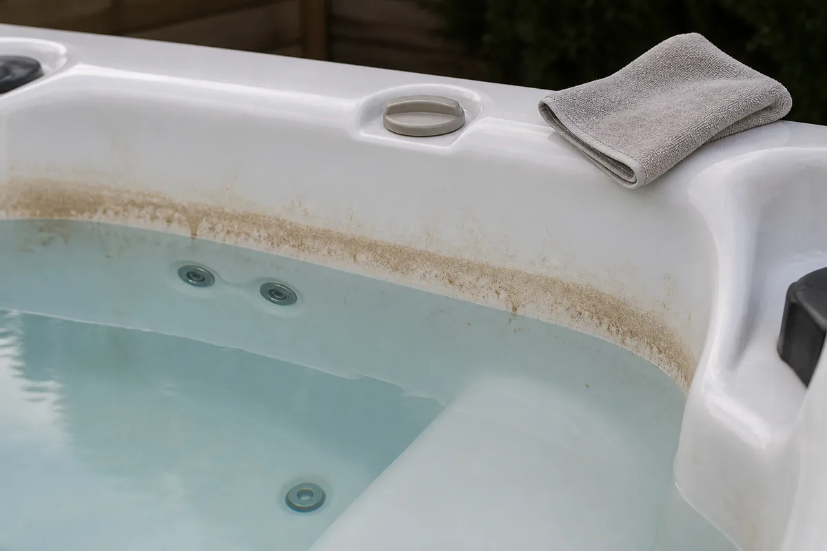 Rust-colored brown staining on a residential hot tub shell near the waterline