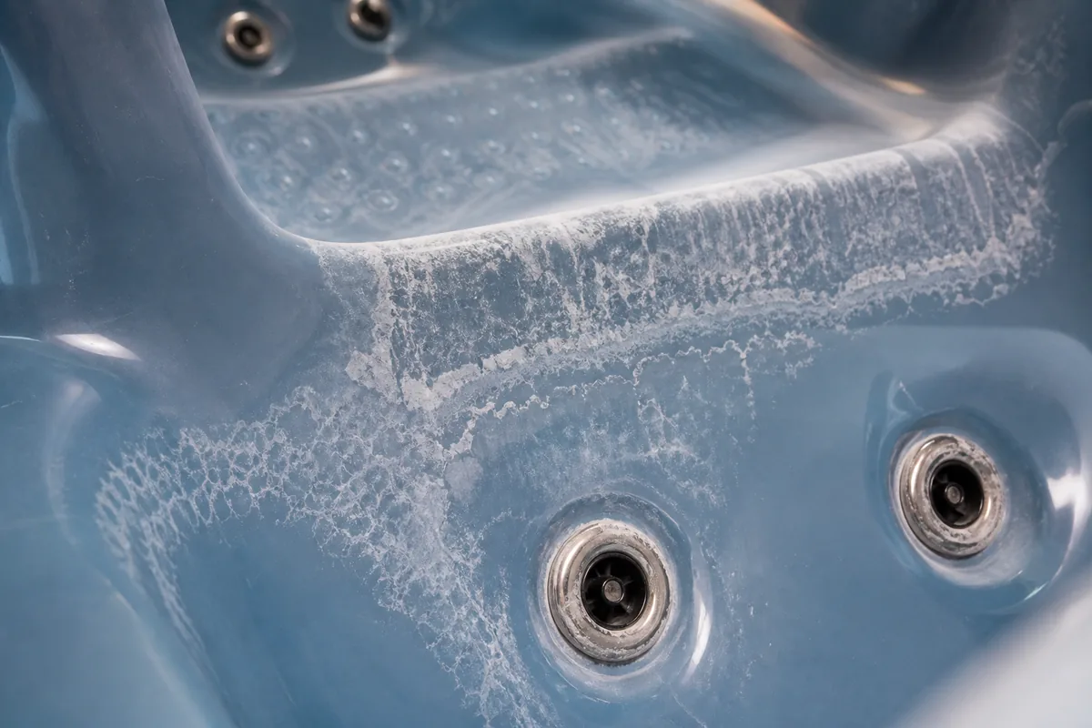 White chalky calcium scale on a residential acrylic hot tub shell