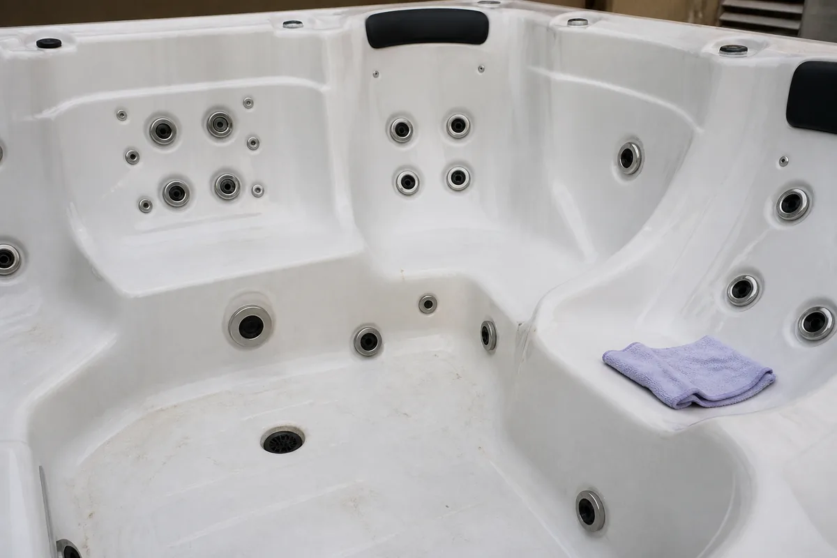 Drained acrylic hot tub seats with a soft cloth ready for cleaning