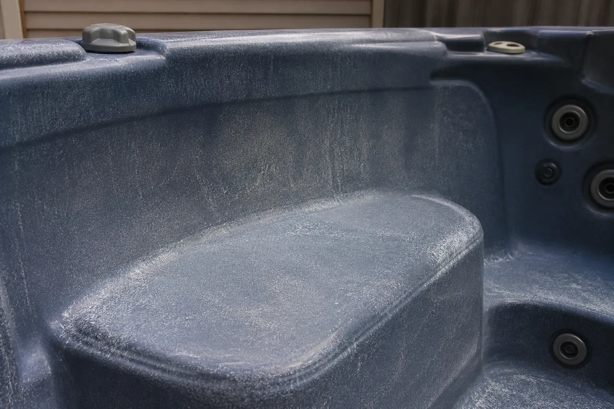 Chalky mineral residue on a drained residential hot tub seat