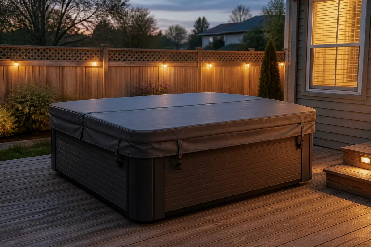 Residential hot tub with the insulated cover closed on a backyard deck at dusk