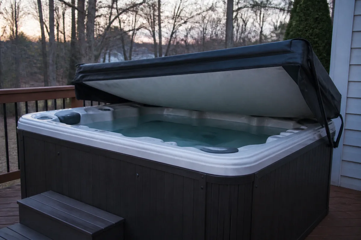 Residential hot tub with the cover partially open on a deck in cool evening light
