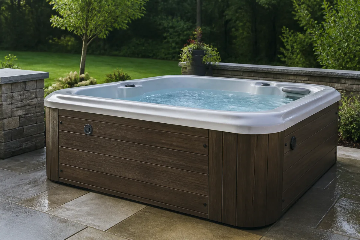 Residential outdoor hot tub with closed cabinet and gently rippling water