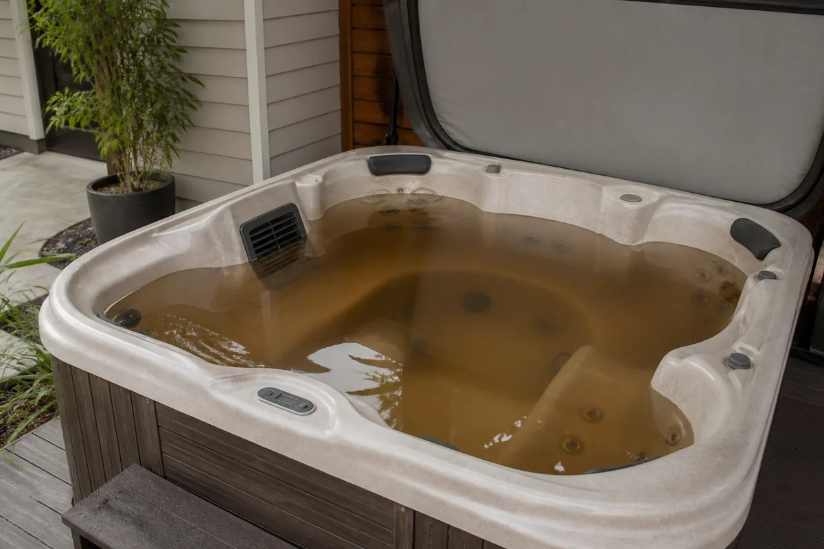 Residential hot tub filled with brownish tea-tinted water