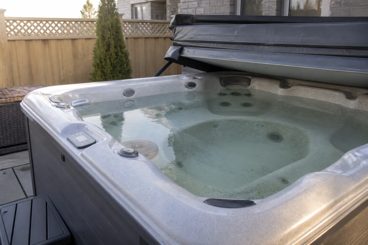 Residential hot tub with cover open and dull-looking spa water