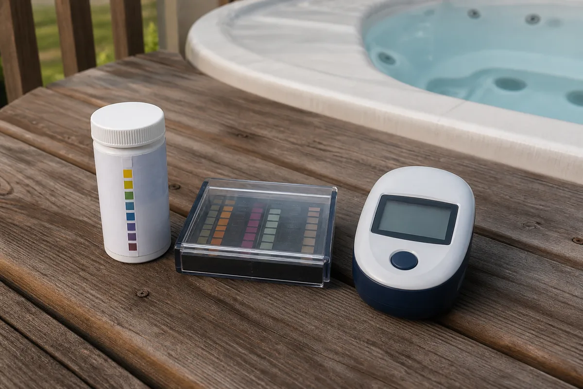 Hot tub water test strips, liquid test kit, and digital reader on a spa deck