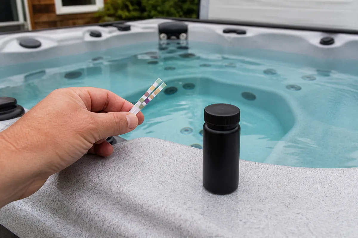 Hand holding spa water test strips over a residential hot tub