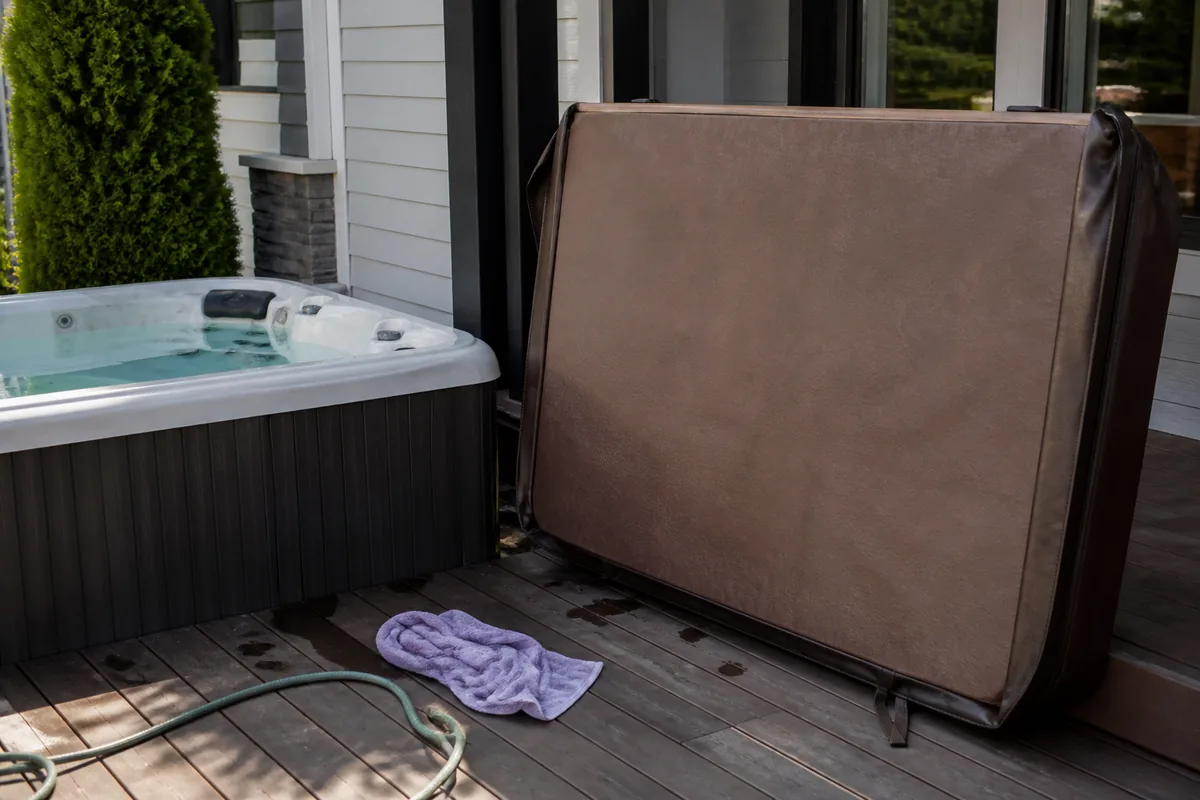 Hot tub cover removed and leaning upright beside a hose and cleaning cloth