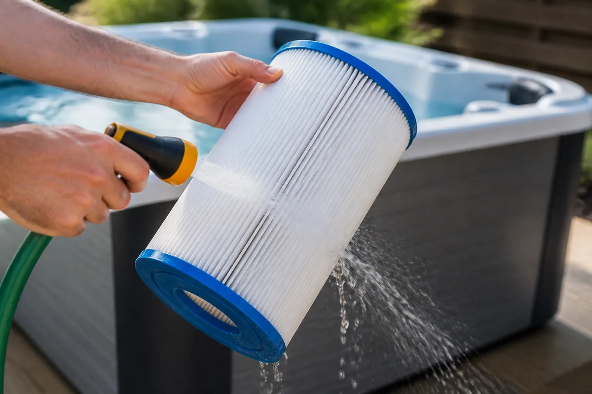 Pleated hot tub filter being rinsed gently with a garden hose